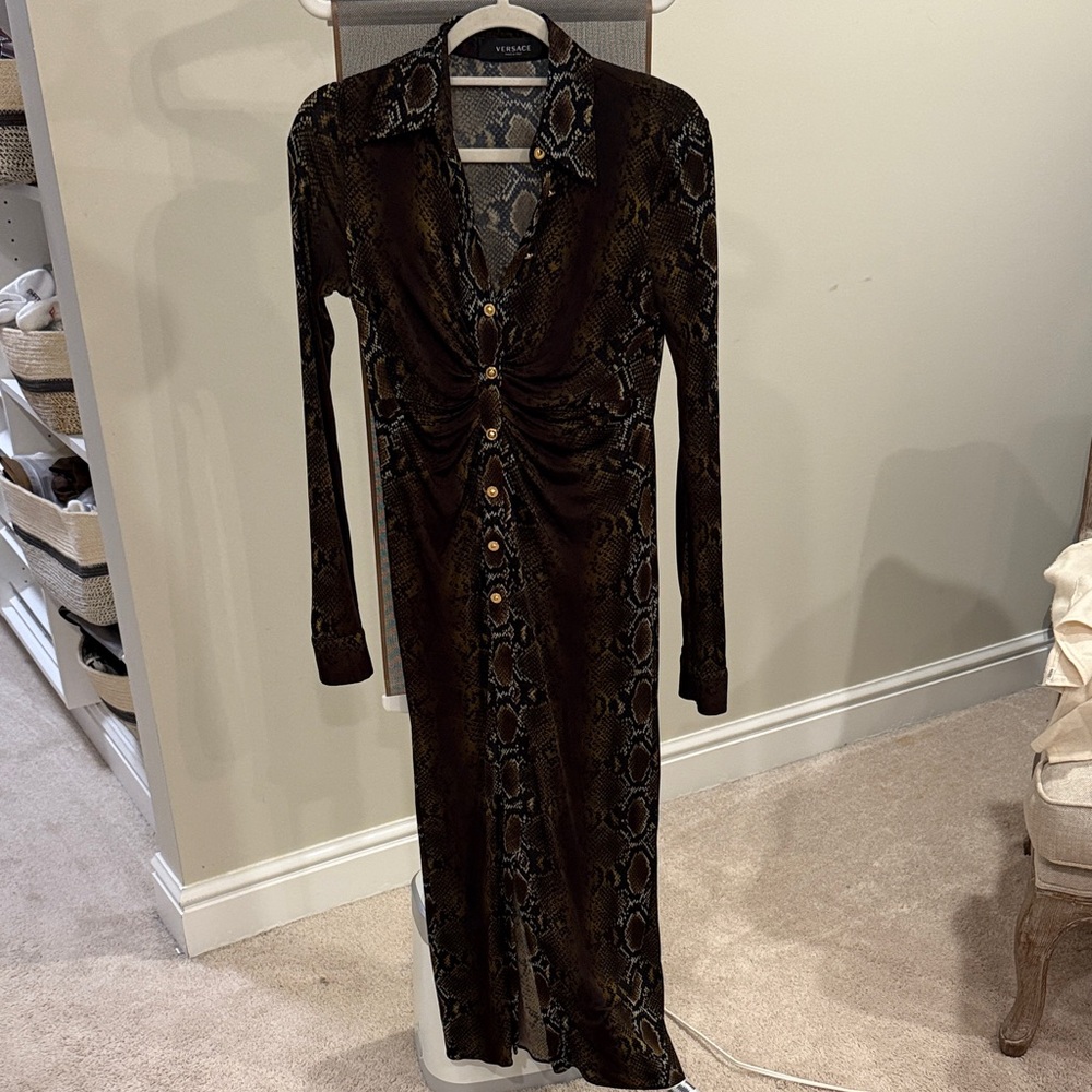 Versace Brown Snake Print Long Sleeve Dress